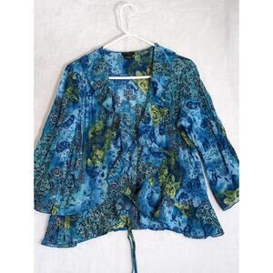 Nue Options Sheer Top Over shirt/Jacket Bust 40".Cback 23". Sleeves18"Blu/Green